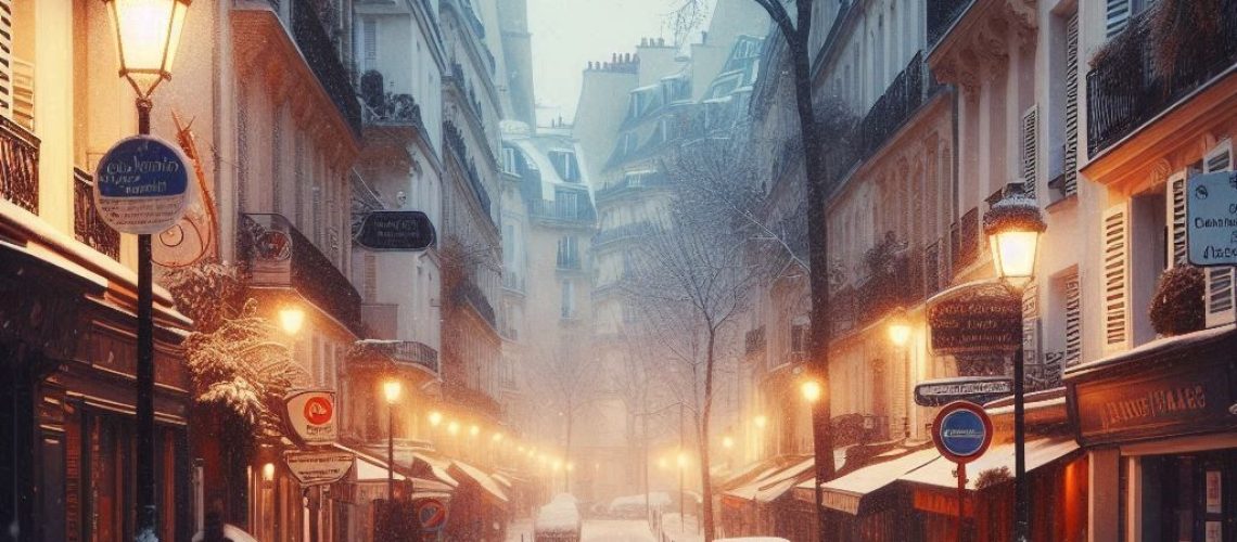 une petite rue parisienne sous la neige un soir dhiver